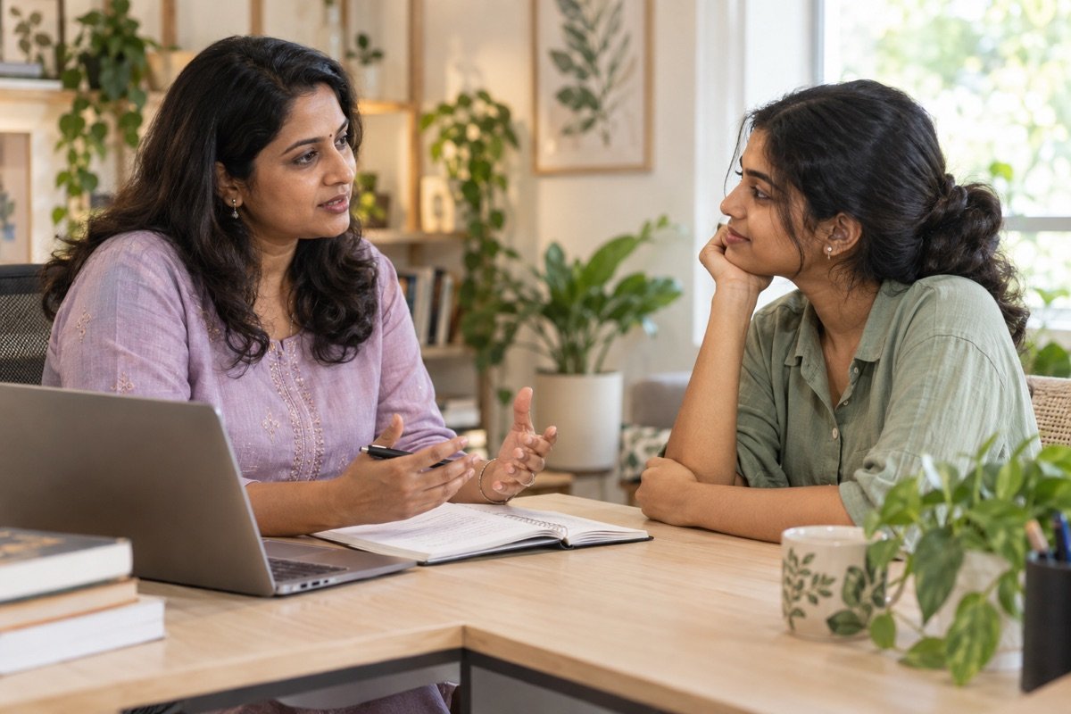 Illustrative South Indian counsellor and student in a thoughtful conversation.
