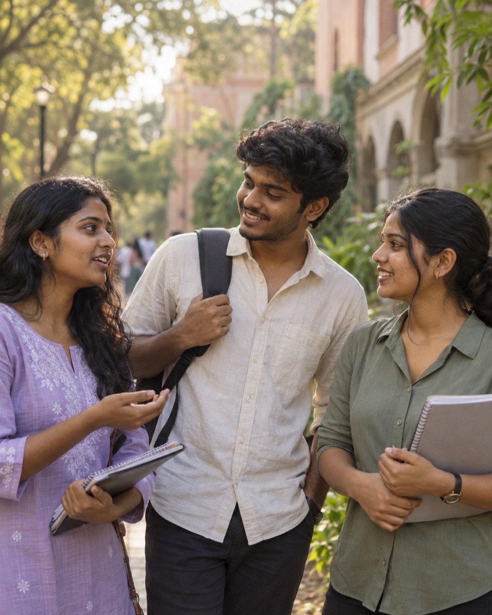 Illustrative South Indian university students sharing ideas on campus.